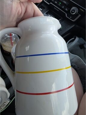 Vintage Cooks Tools Primary Stripe Ceramic Pitcher White Blue Yellow Red MCM